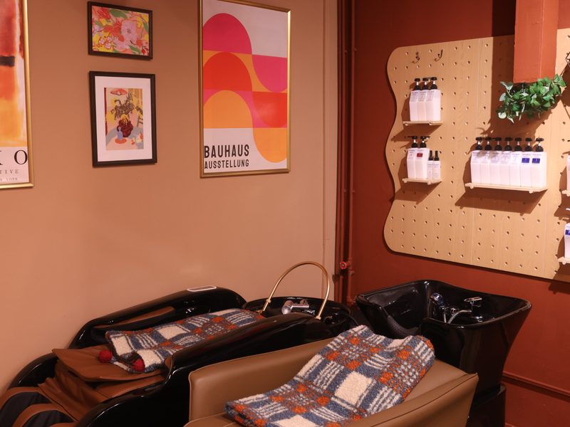 Wash lounger beneath a pegboard wall of Davines and Milbon treatments at One Degree Edit, Havelock 2