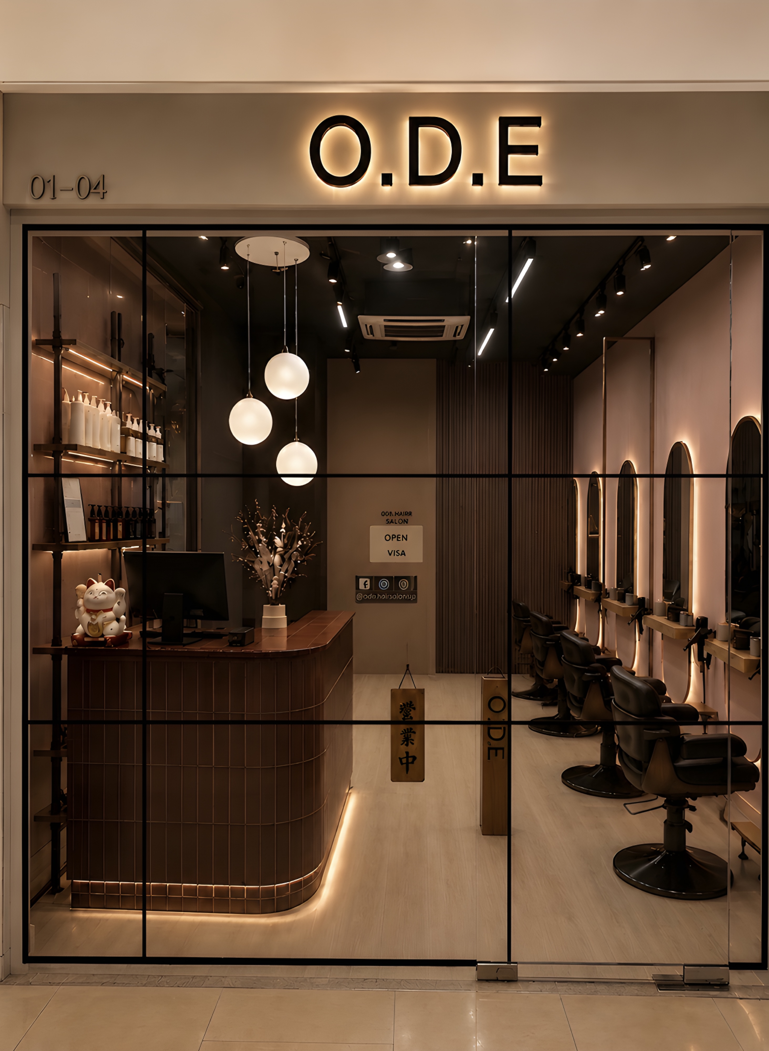 Detail of styling area with arched brass mirror at One Degree Edit, Havelock 2