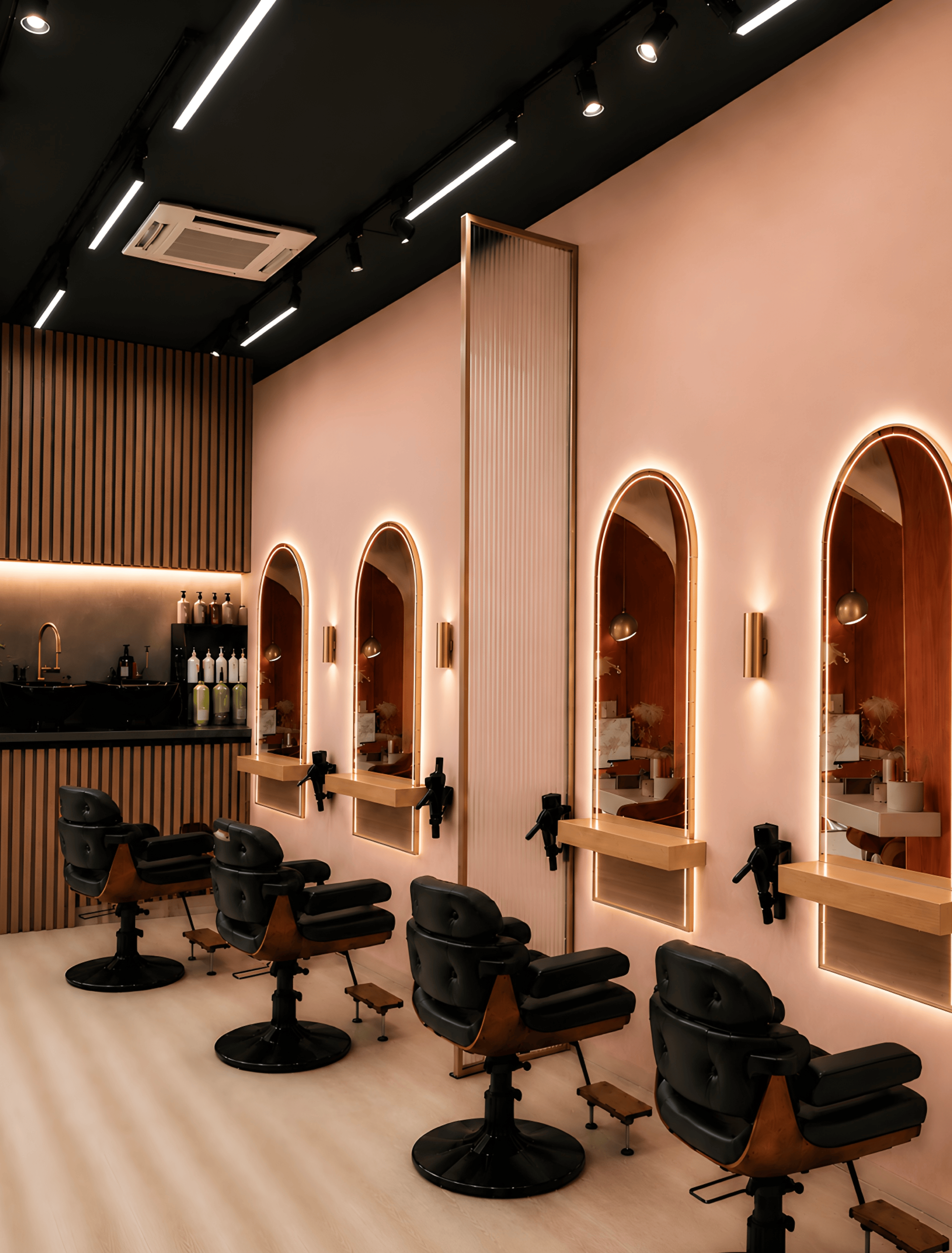 Styling chairs beneath arched brass mirrors at One Degree Edit, Havelock 2