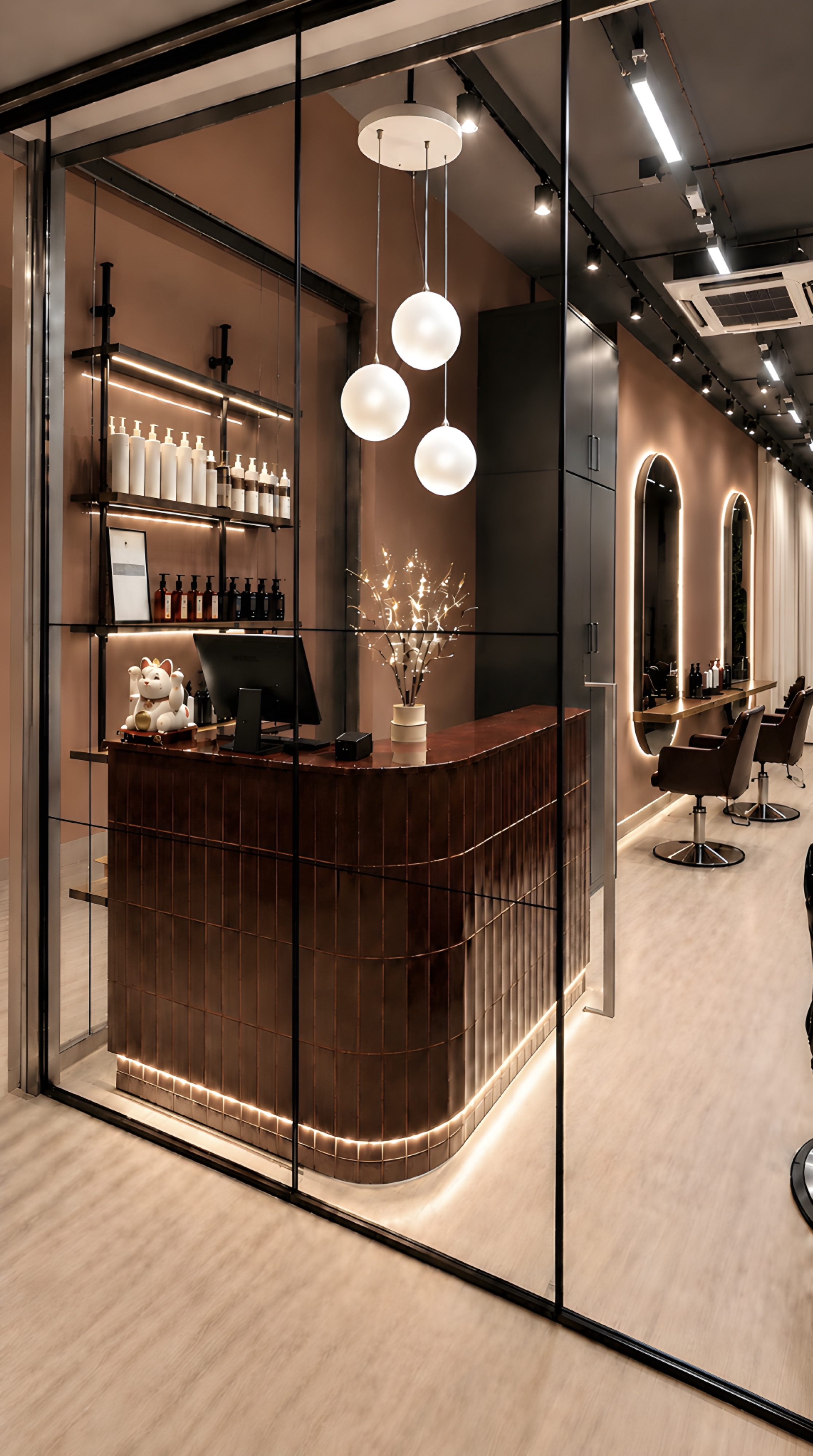 Alternate view of the reception desk and pendant lighting at One Degree Edit