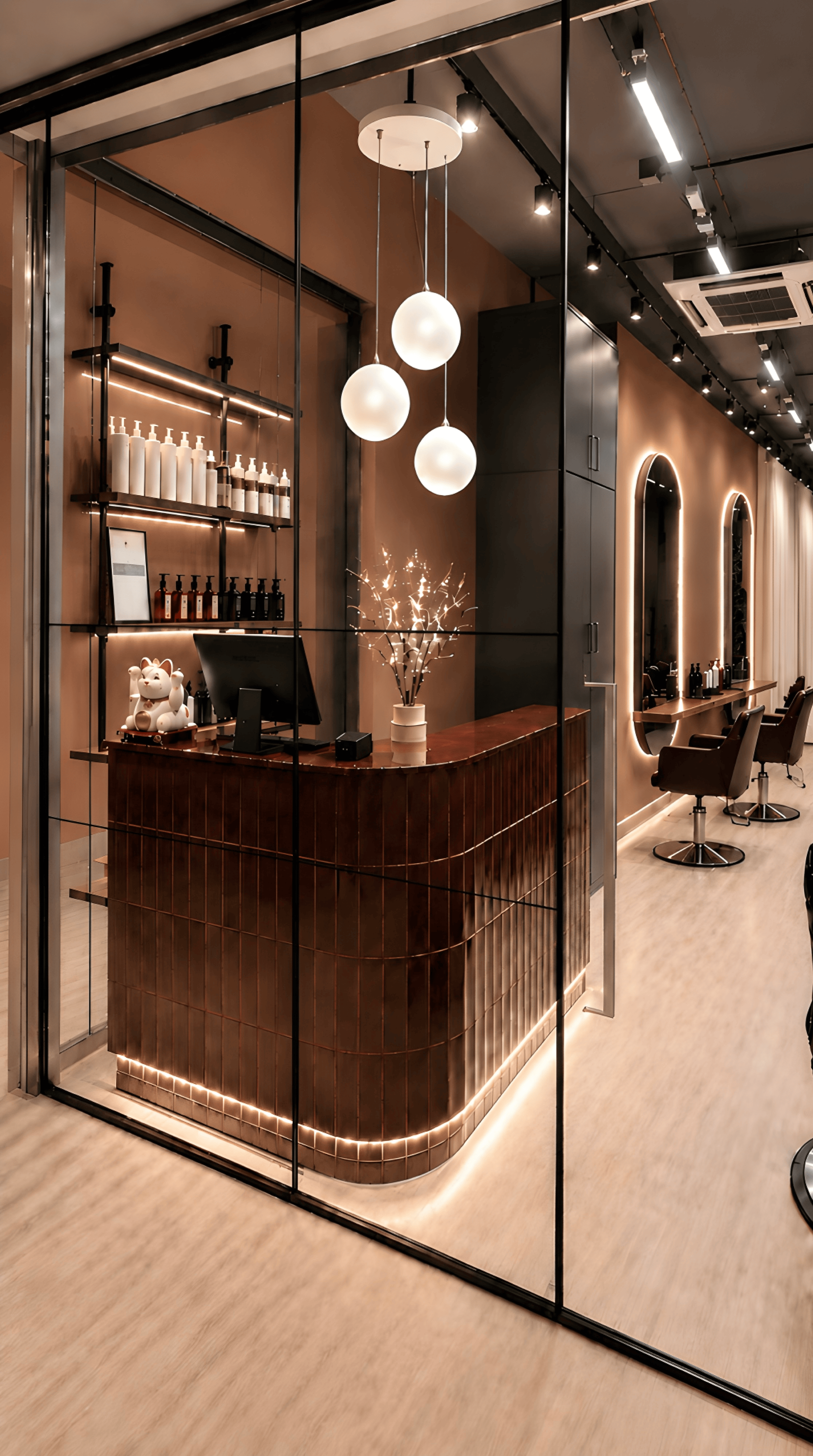 Reception desk with maroon tile counter and brass trim at One Degree Edit, Havelock 2
