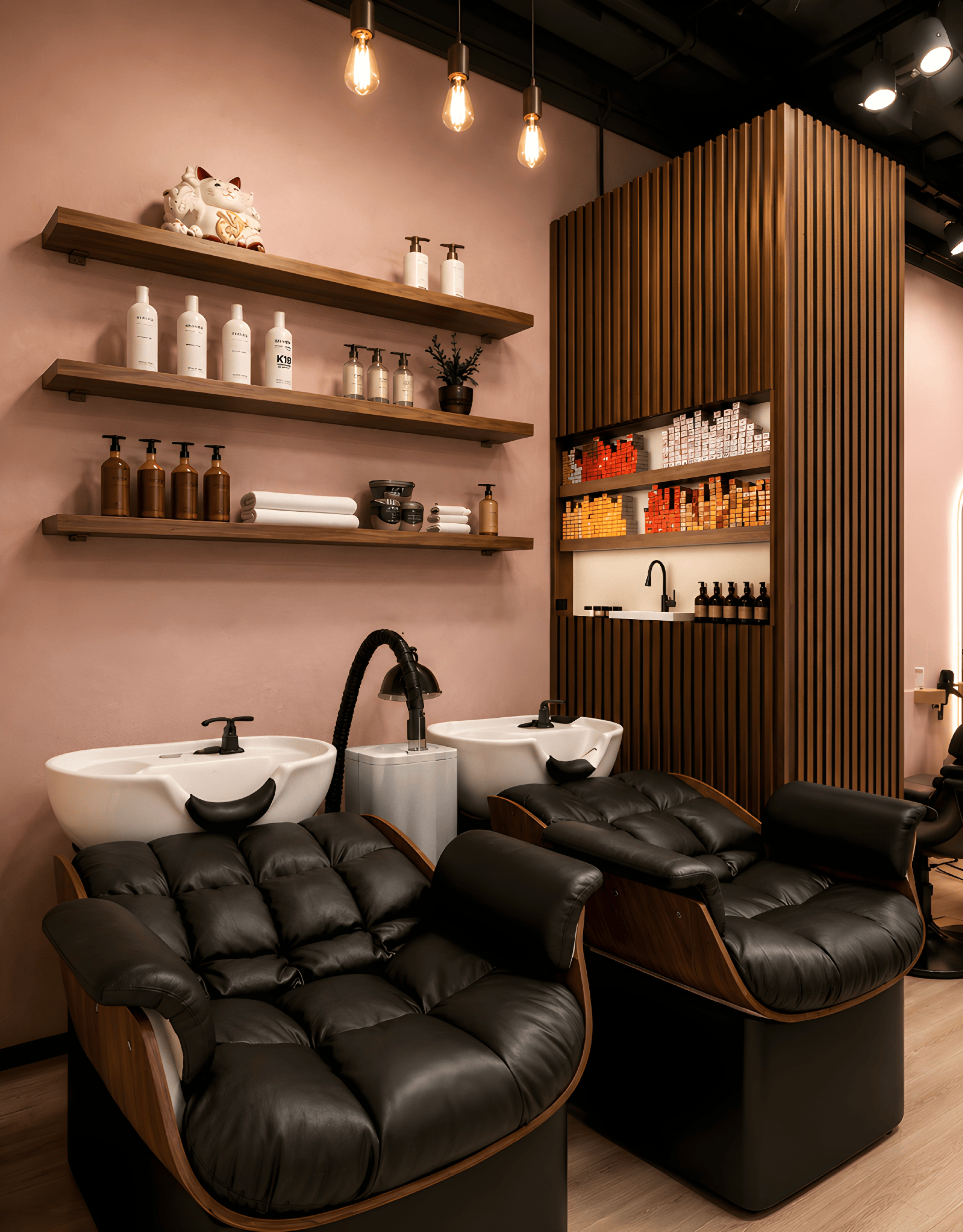 Wash basins and loungers beneath a blush wall with oak shelving at One Degree Edit, Havelock 2